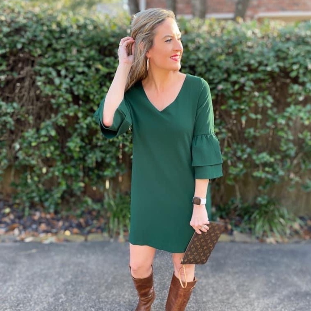 Green Bell Sleeve V-Neck Shift Dress NWT